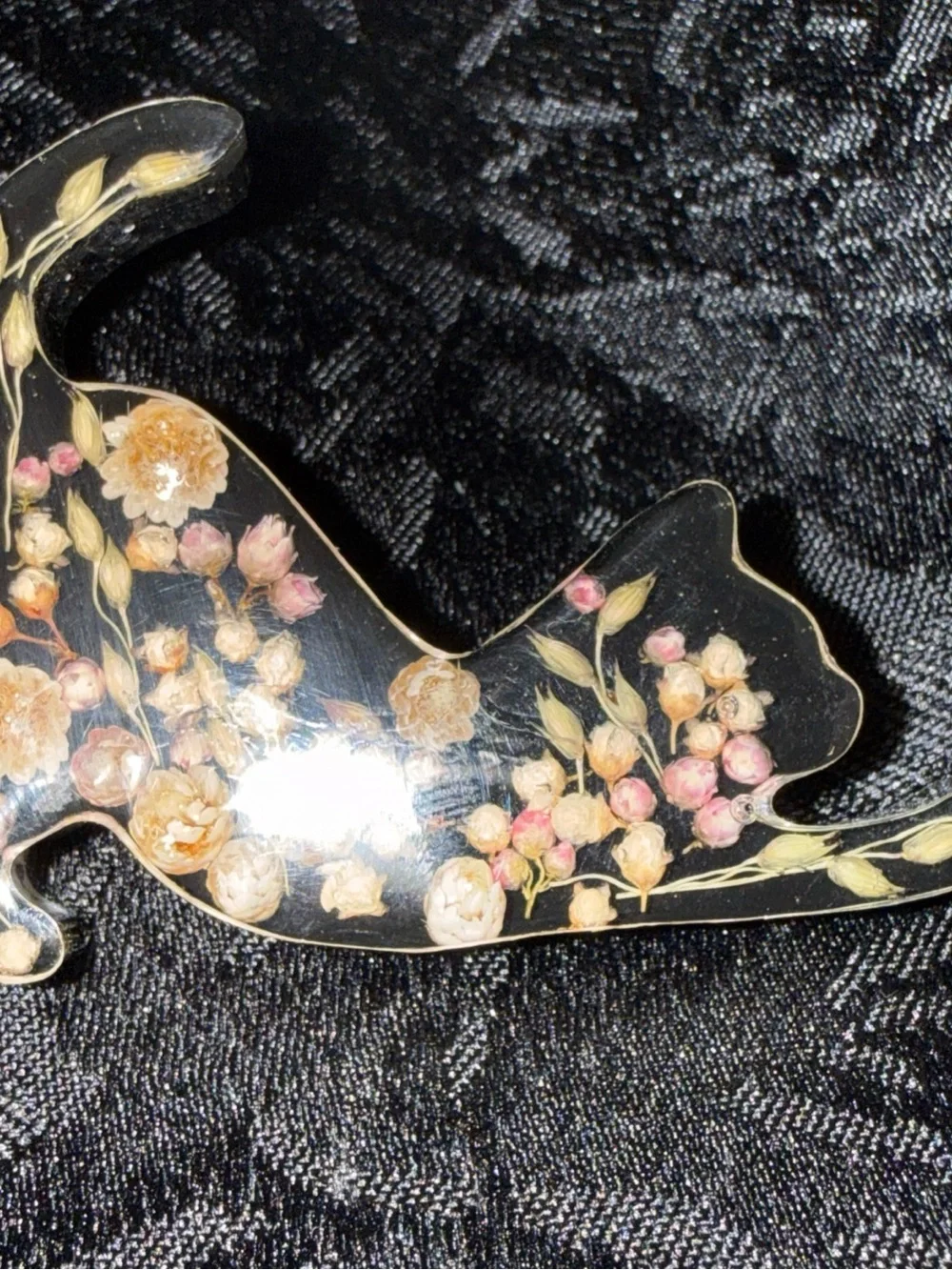 Floral Cat Brooch Pin - Black with Pink & Cream Flowers